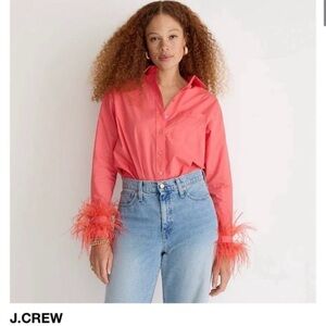 J. Crew cotton poplin feather trim buttondown coral 6 NWT